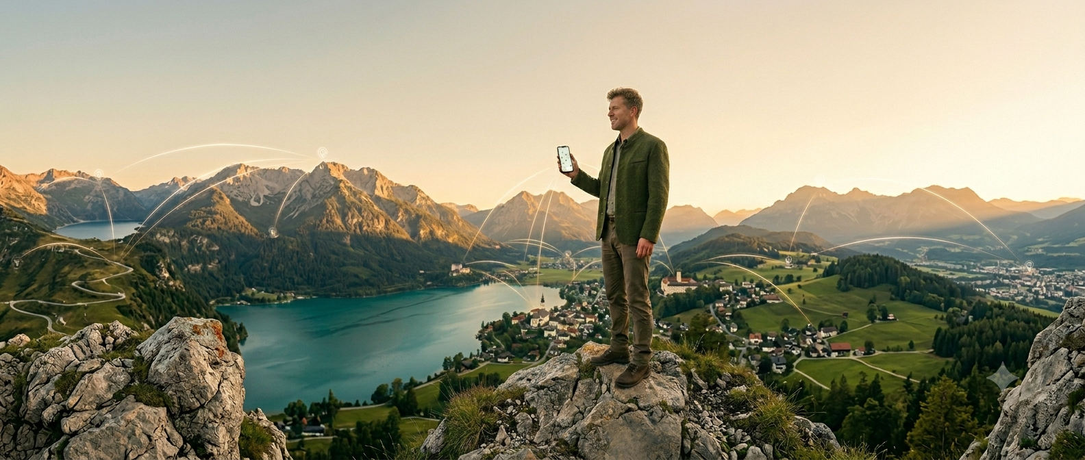 Regionaler Partner mit Smartphone vor Salzburger Berg- und Seenlandschaft
